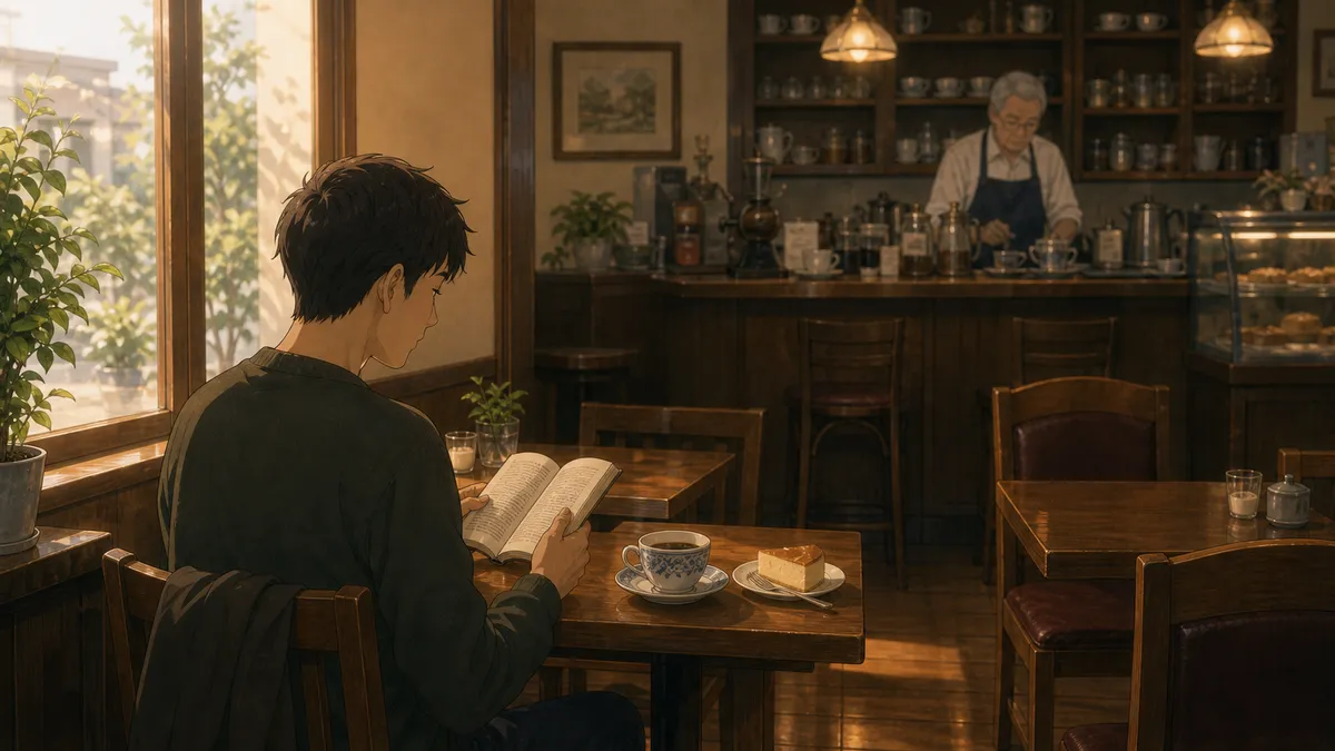 喫茶店のテーブルで過ごす客