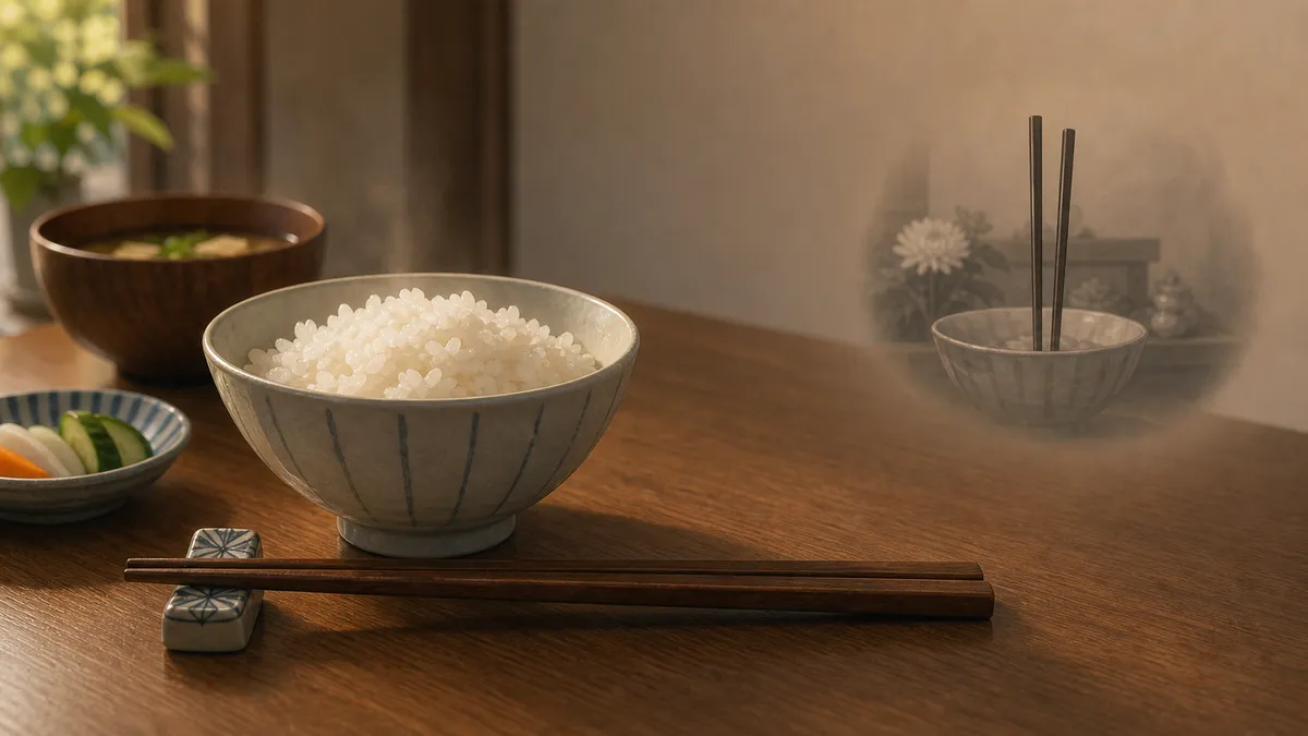 茶碗に盛られたご飯と、箸置きに正しく置かれた箸