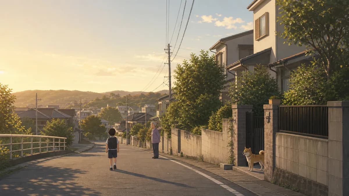 夕方の住宅街を、子どもがひとりで歩いて帰る。近所の人と犬がさりげなくそこにいる