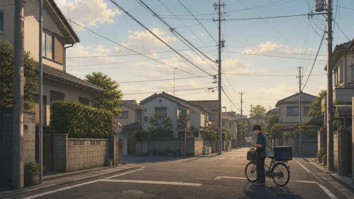 電柱と電線が空を横切る日本の路地。配達員が通り過ぎる