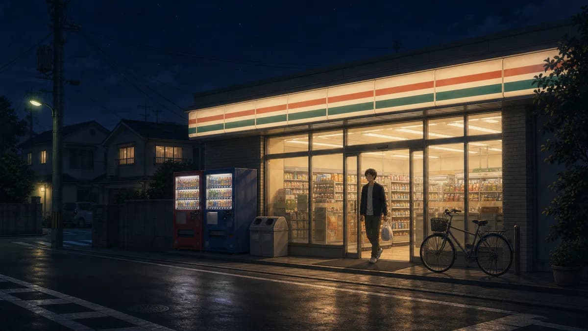 深夜、明かりをつけて営業しているコンビニの外観と自動販売機
