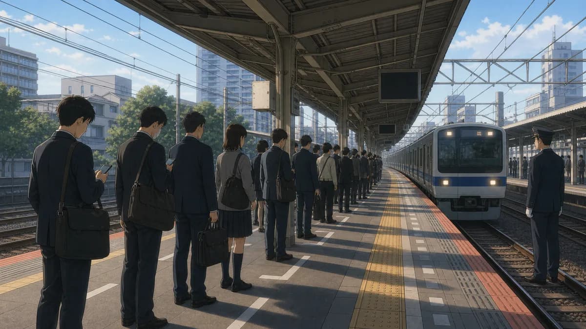 駅のホームで、床のマーキングに沿って整然と並ぶ人々