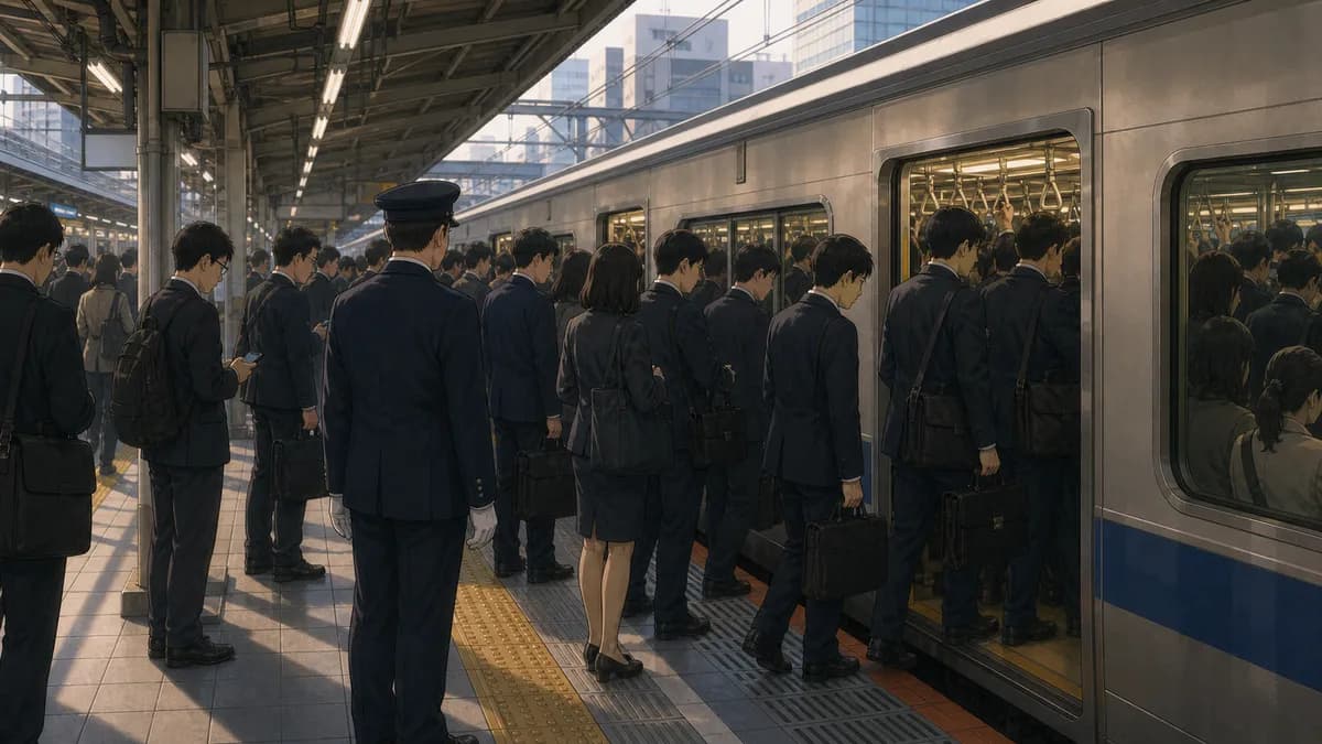 朝の通勤ラッシュのホームに立つ人々