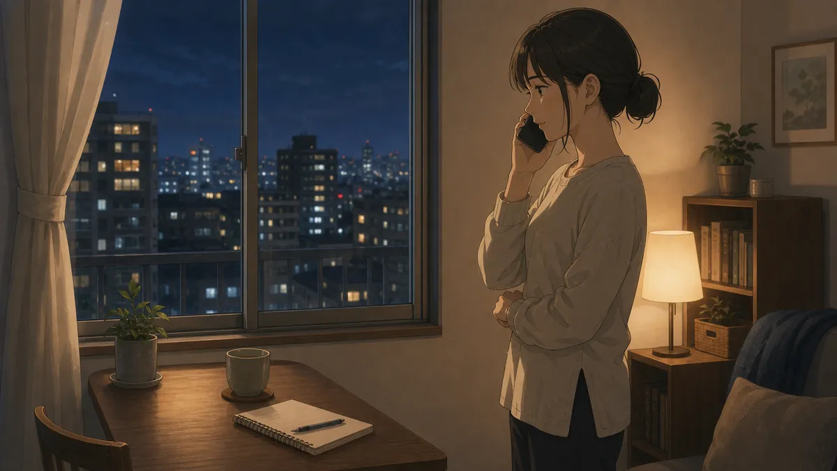 夕方、電話に出て「もしもし」と応答する人のシルエット
