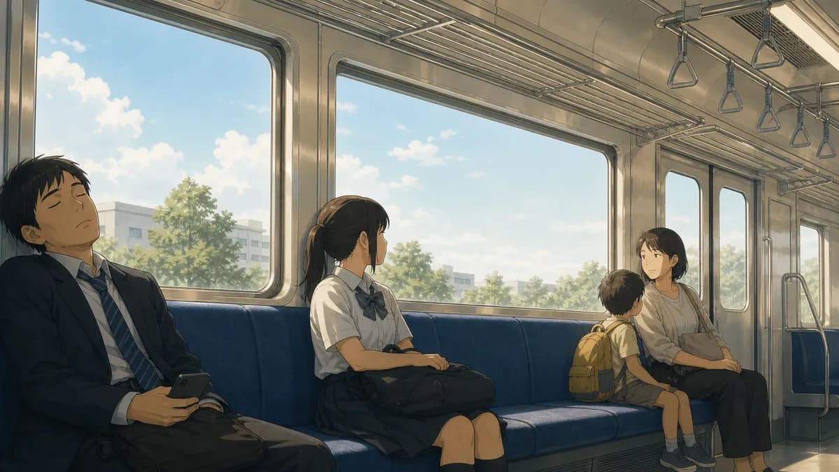 静かな車内で、スマホを手にしたまま眠っている乗客