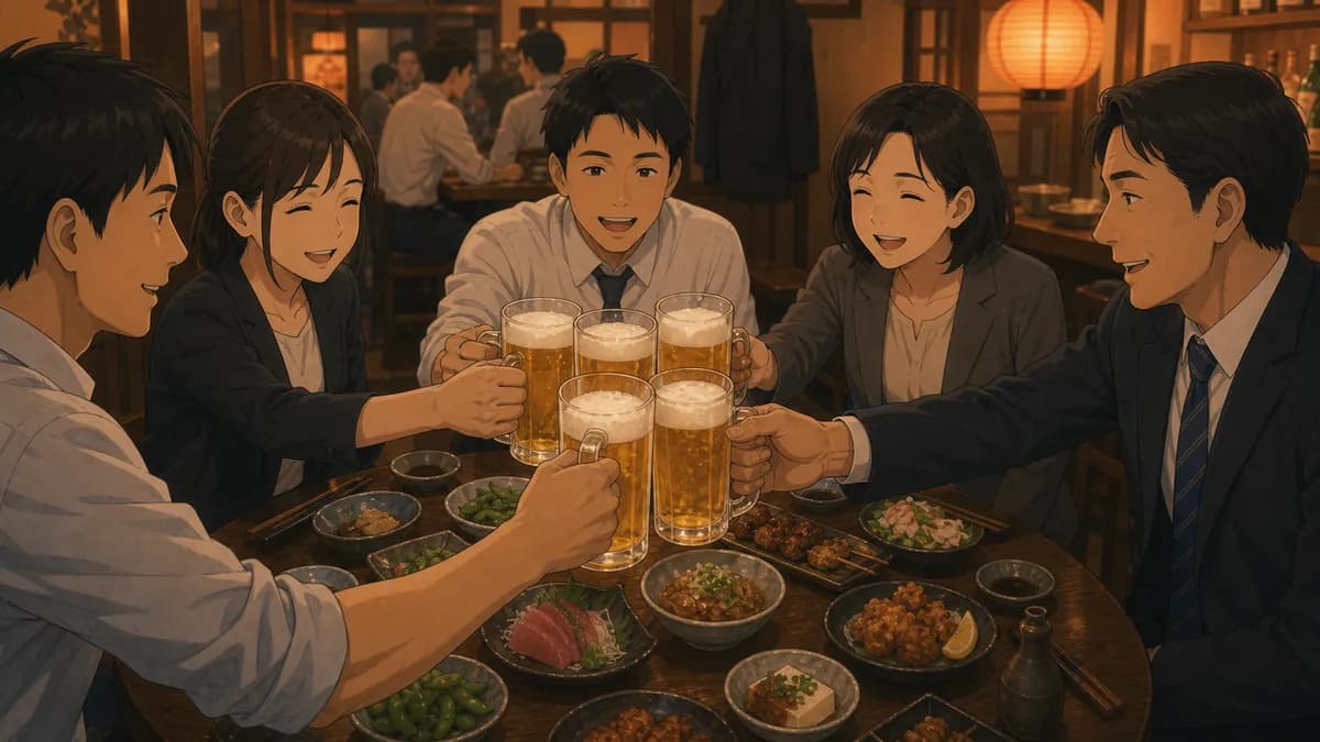 People holding beers, waiting to toast at an izakaya