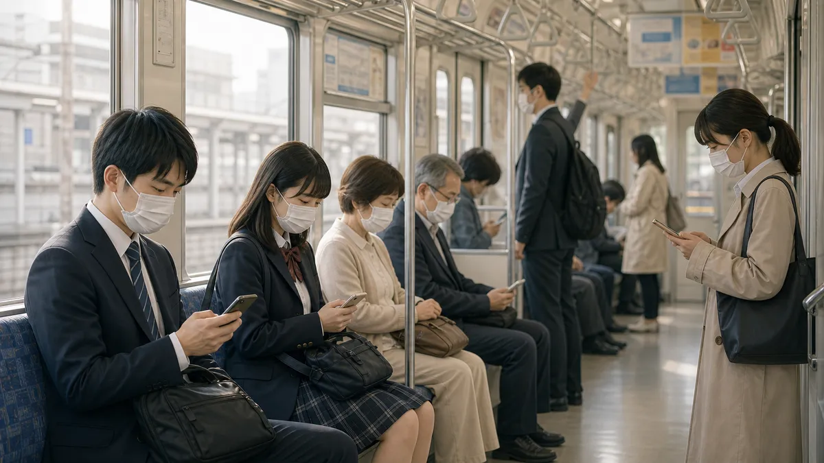 マスクをつけて通勤する人たち
