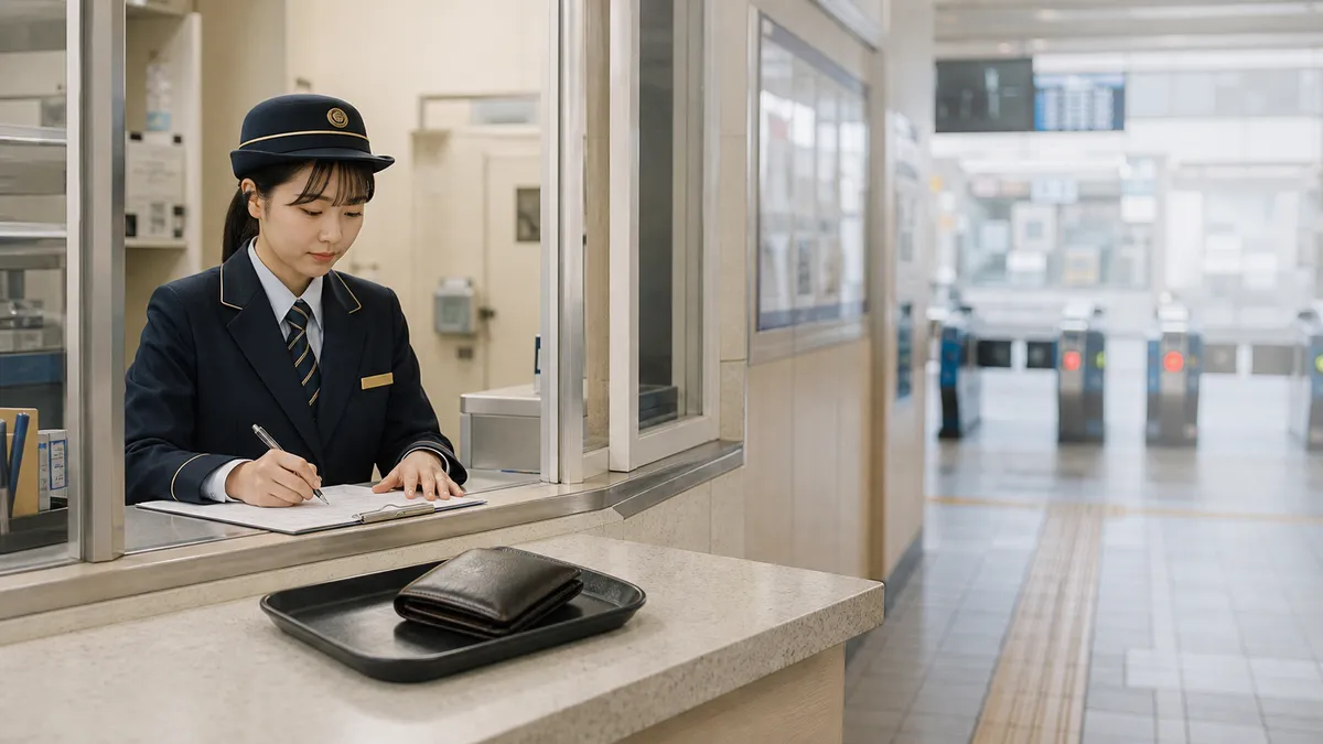 A station lost-property counter, a wallet waiting for its owner, a uniformed staff member