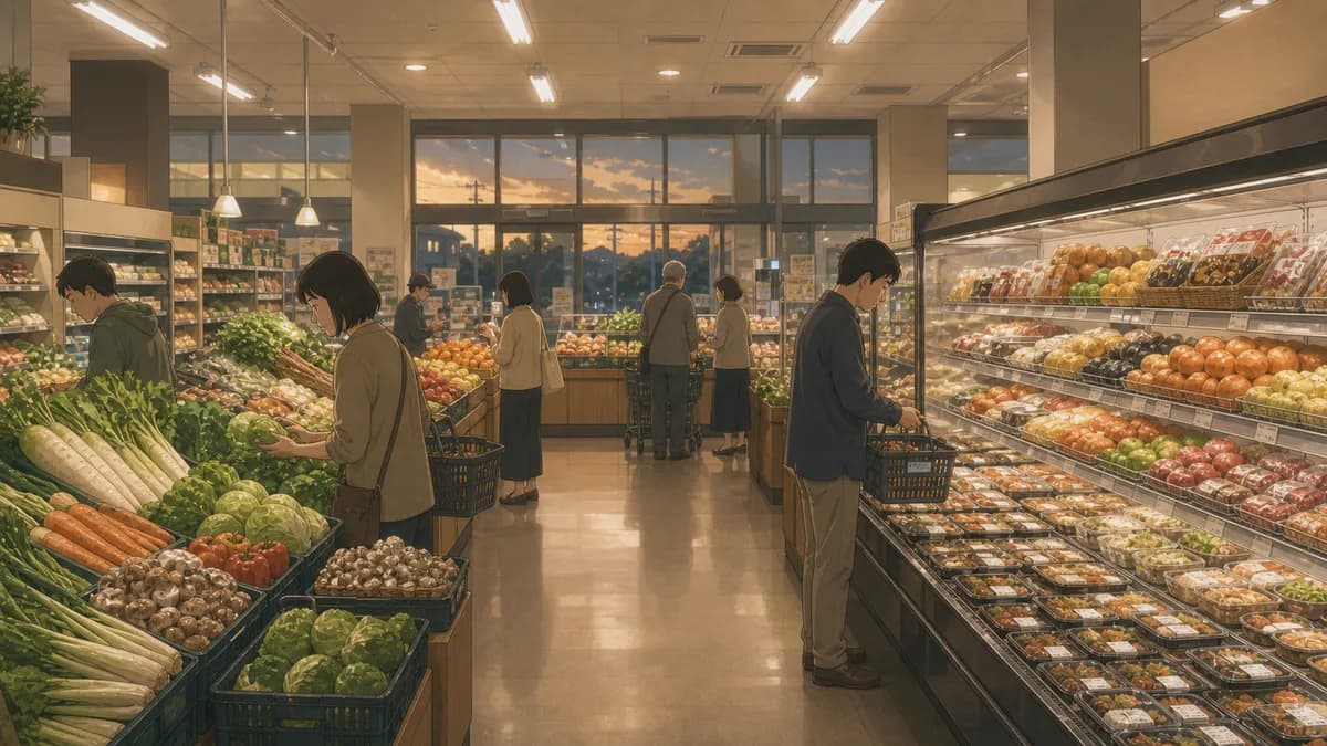 夕方のスーパーに並ぶ食品と生鮮品