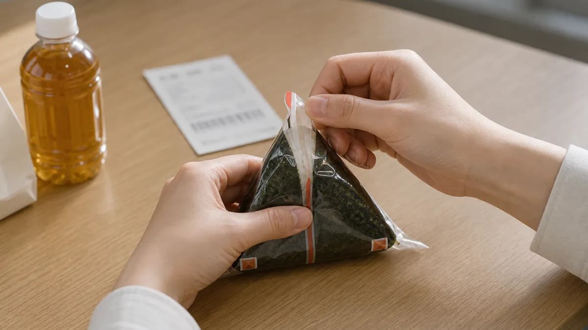 おにぎりの包装を開ける手元