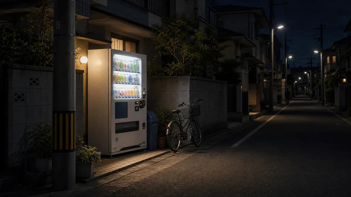 夜の住宅街に灯る自動販売機