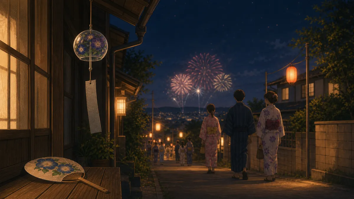 夏祭りの浴衣と風鈴、花火の情景