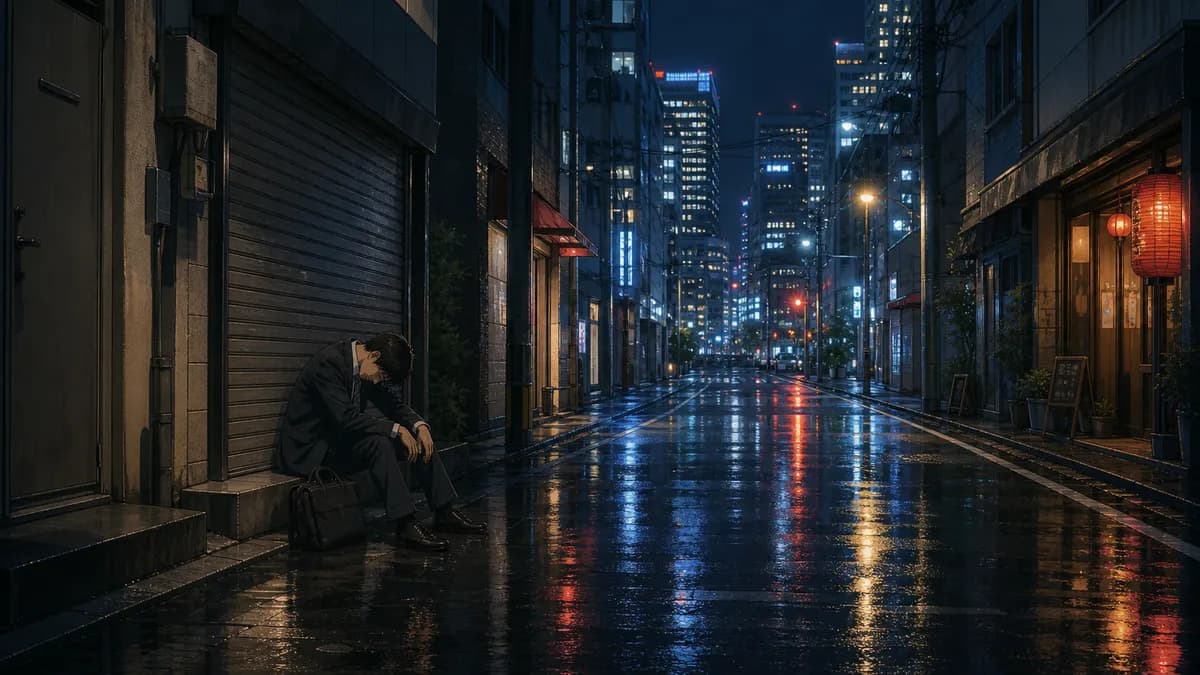 夜のネオンの路地で疲れをにじませる会社員
