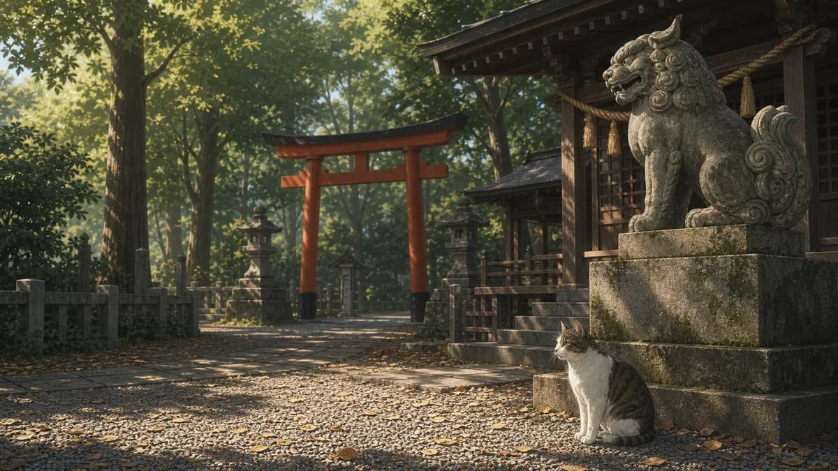 A local shrine in the morning, beside the komainu guardian statues