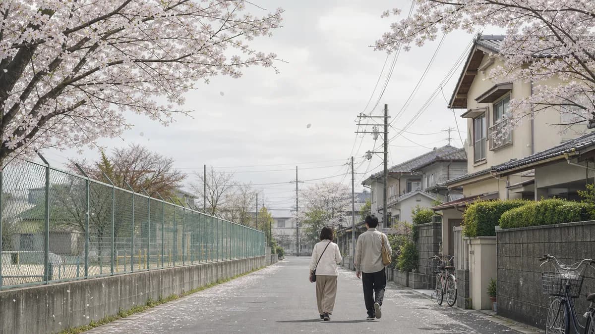満開ではなく、散りはじめた桜。名所ではない、ふつうの住宅街の通り