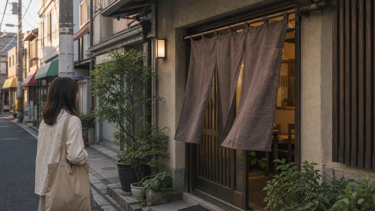 A single noren curtain hanging quietly at a small shop entrance