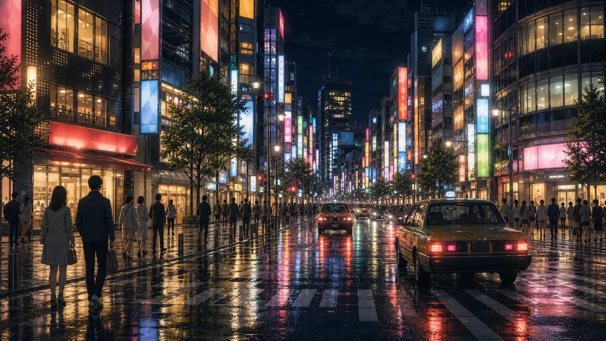 雨上がりの繁華街、ネオンが濡れた路面に映る夜の東京