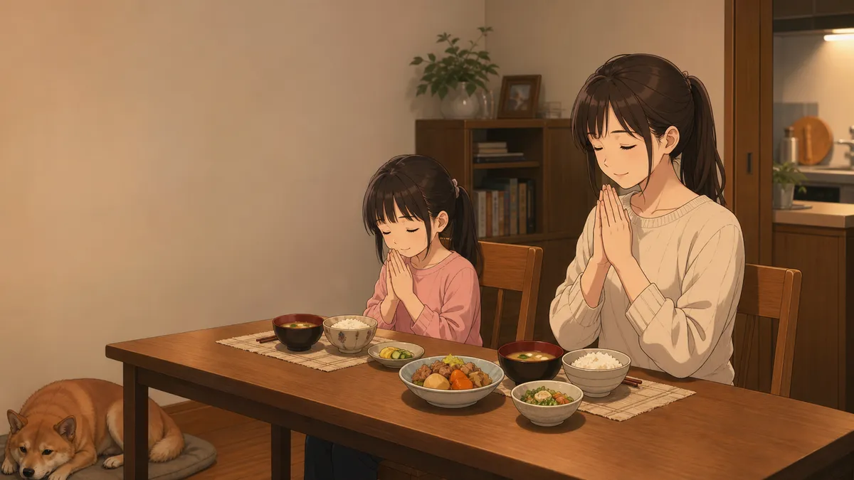 家族で囲む食卓と犬のいる夕食の風景