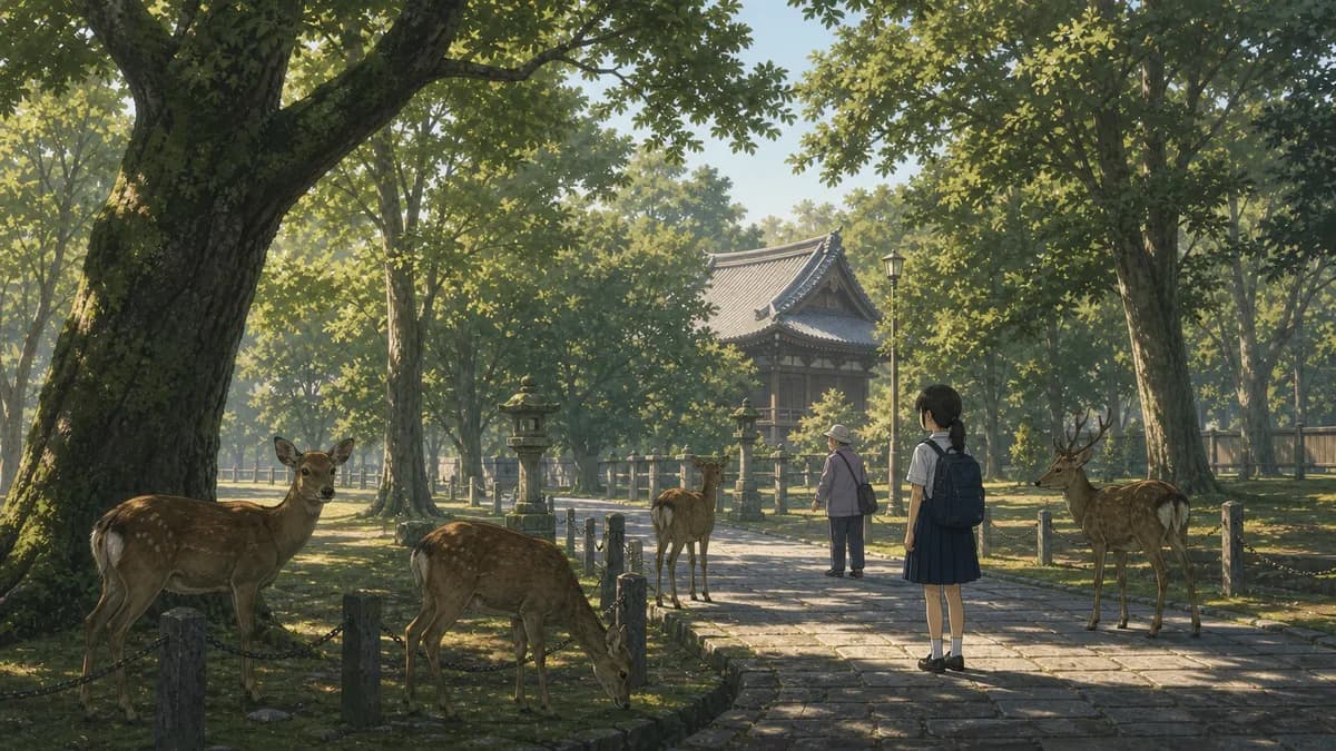 朝の公園でお堂のそばにたたずむ鹿