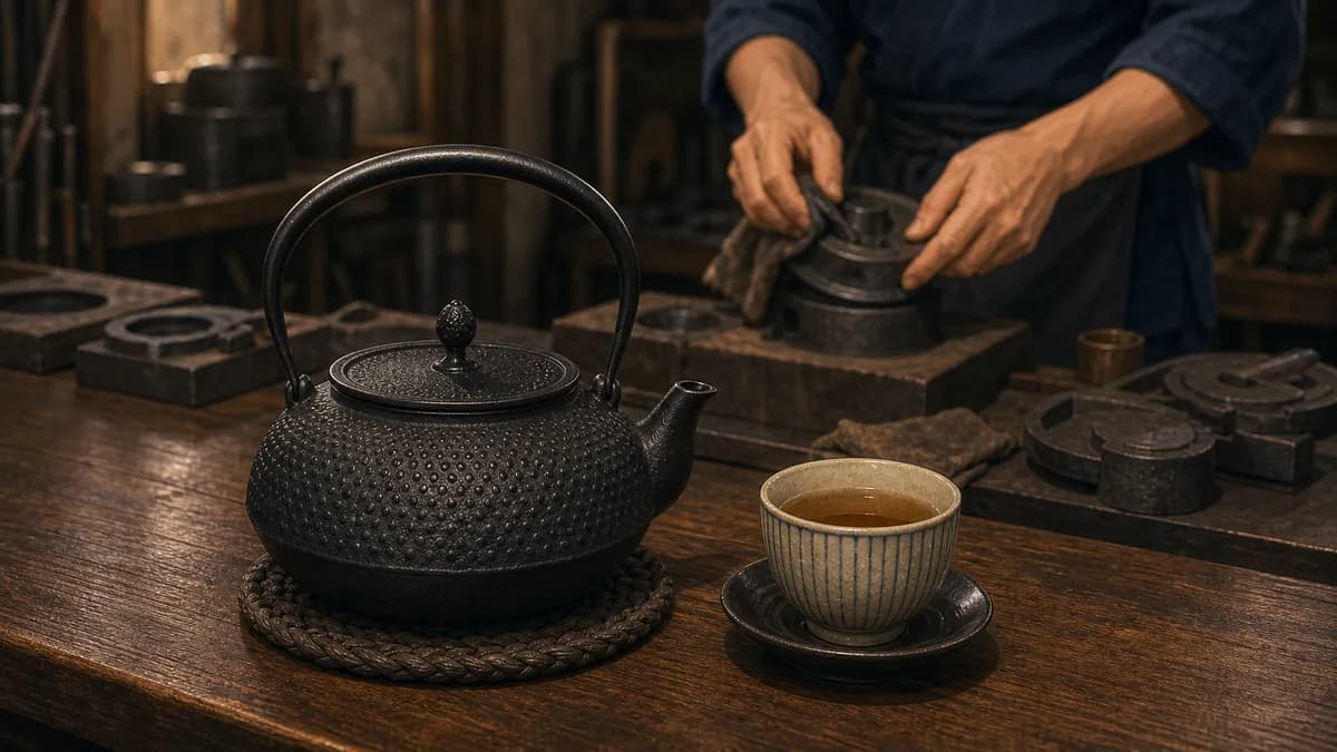 南部鉄器の急須と職人の道具がある仕事場