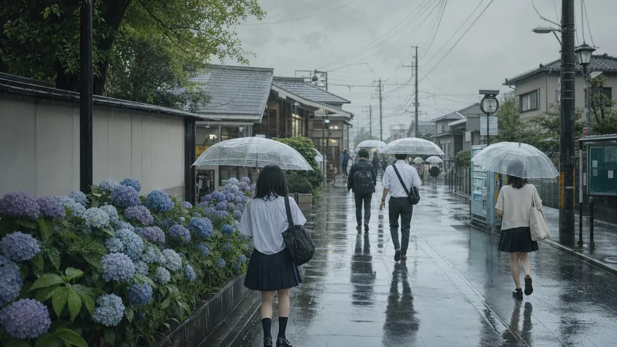 降り続く雨の街と透明の傘