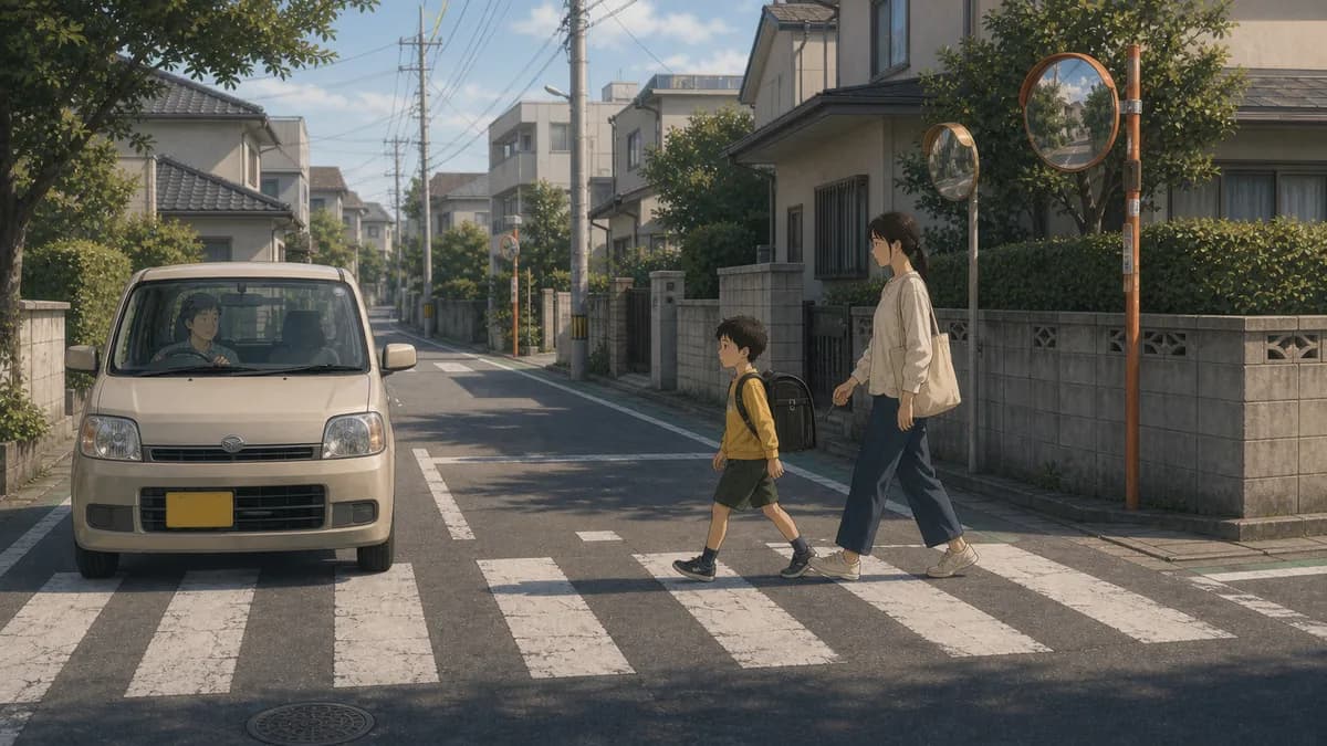 横断歩道の手前で停まる車