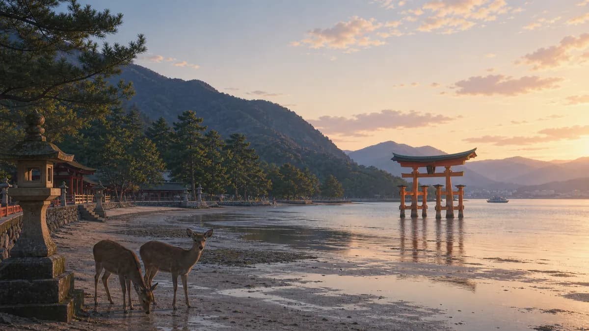 夕暮れ、海に立つ鳥居と、そばにたたずむ鹿
